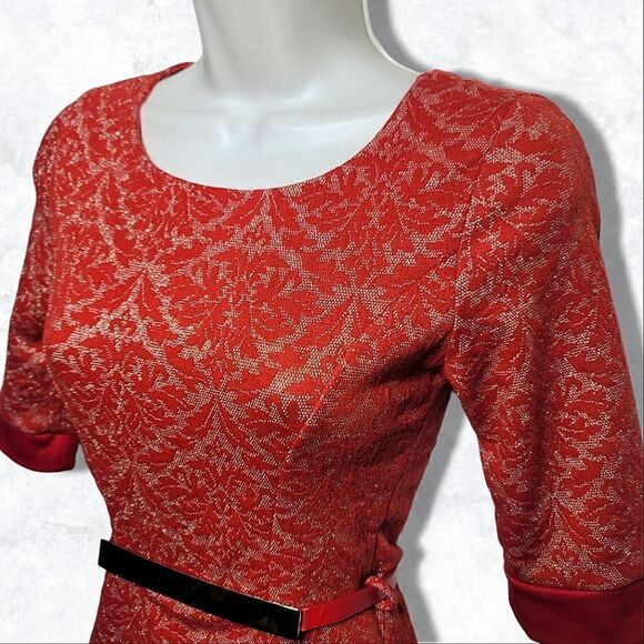Dulce Carola Red & Gold Sparkly Lace Asymmetrical Cropped Sleeve Mini Dress - Picture 3 of 9